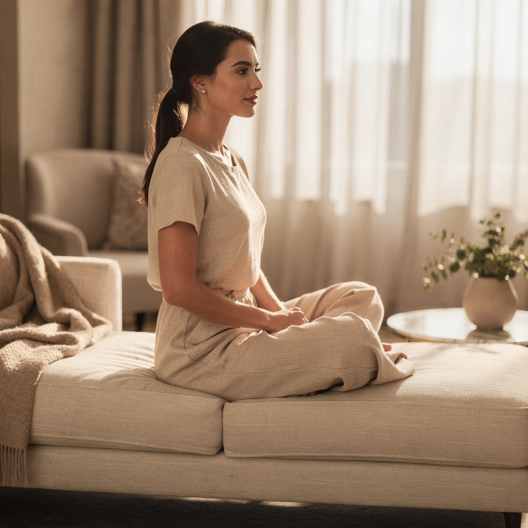 Woman in neutral-toned clothing sitting on a light sofa, shown in profile view